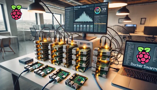 A cluster of Raspberry Pis sitting on a desk with a laptop and monitor running monitoring software.
